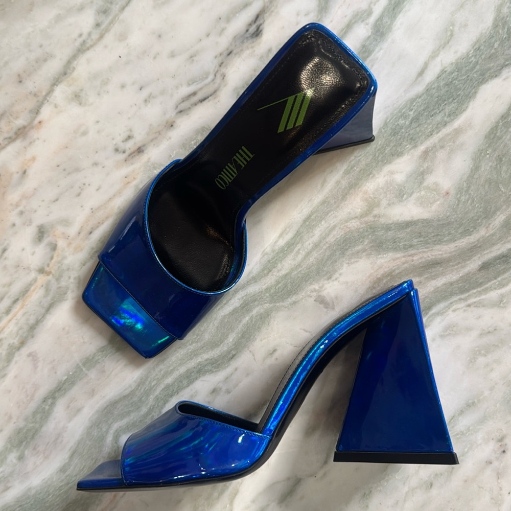 The Attico metallic blue leather mules / heels